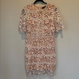 fab'rik Cream Lace Mini Dress with Floral Embroidery